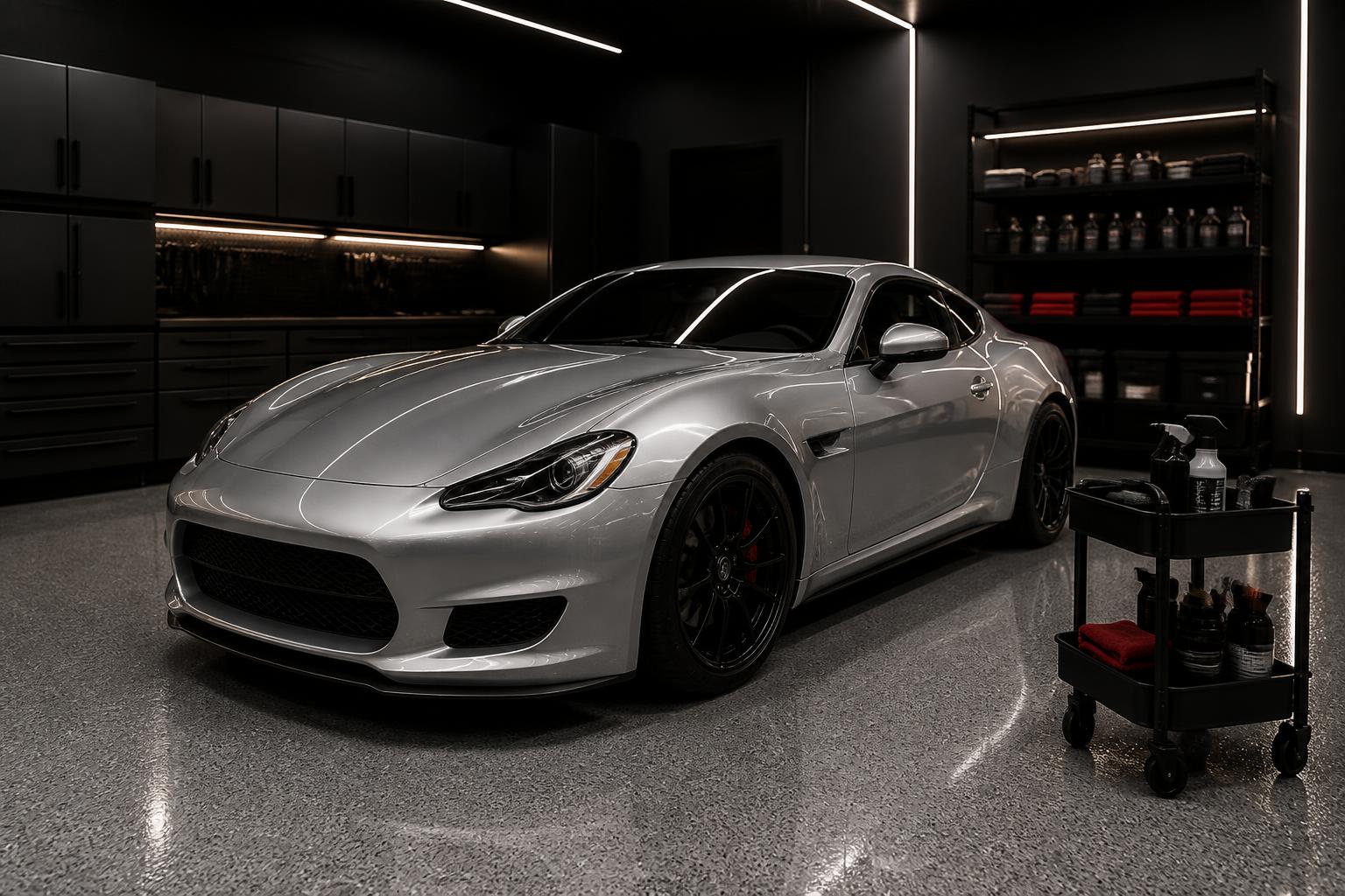 Car enthusiast garage with metallic flake floor