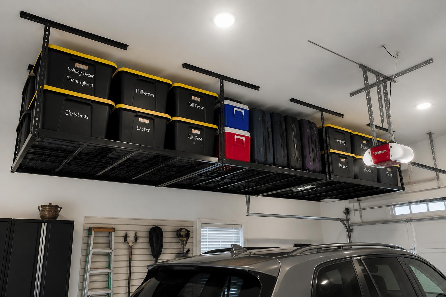 Ceiling-mounted overhead garage storage racks full of labelled totes