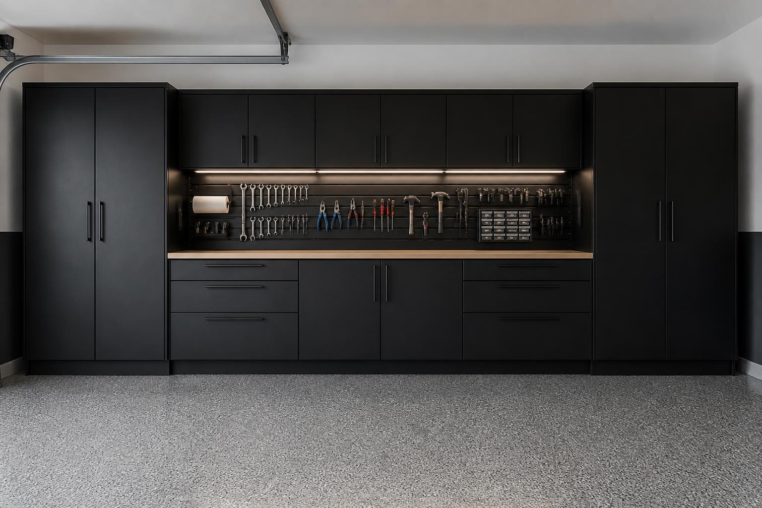 Full garage storage wall with lockers, cabinets, drawers and slatwall