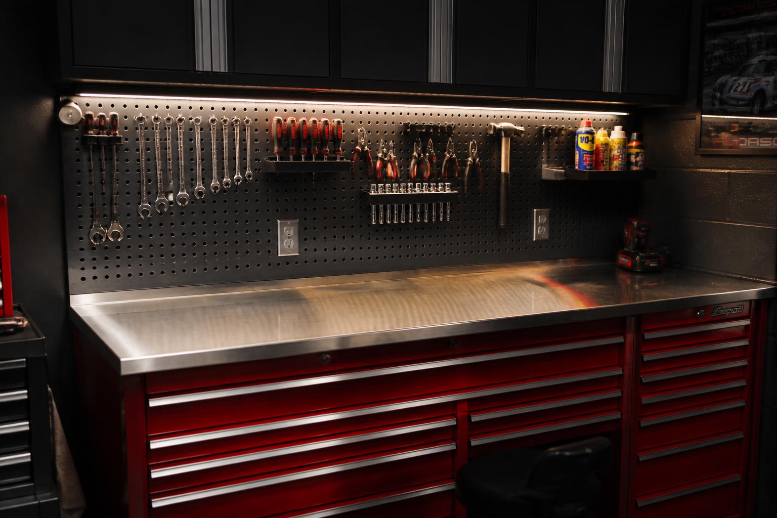 Garage workbench with task lighting and organized tools